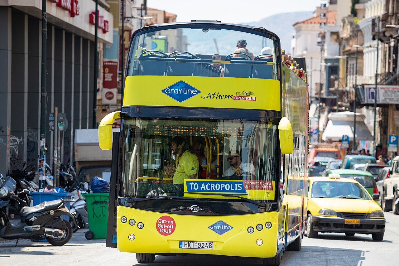 open-top hop-on hop-off tour bus in Athens