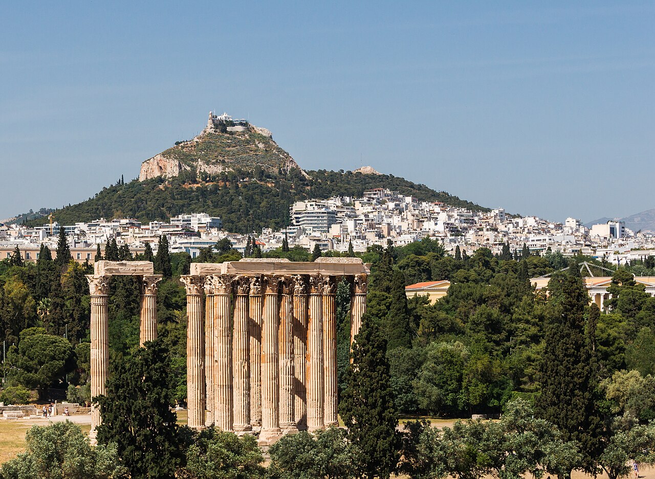Athens skyline view from the Temple of Olympian Zeus toward Lycabettus hill