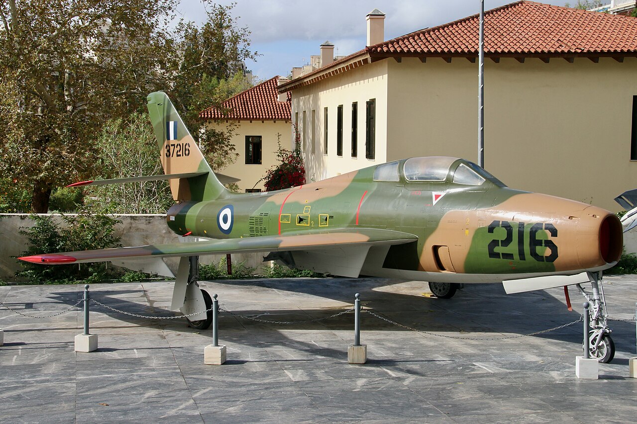 Republic F-84F Thunderstreak jet in the War Museum of Athens courtyard